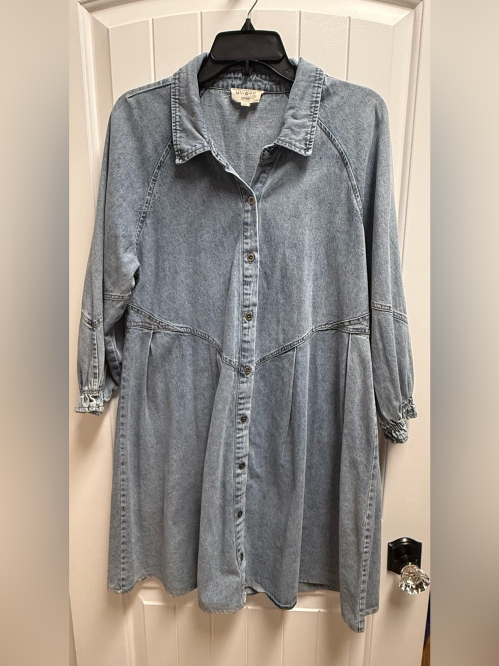 Umgee Denim Blue Button Front Babydoll Shirt Dress Tunic Size Med Boho Chic